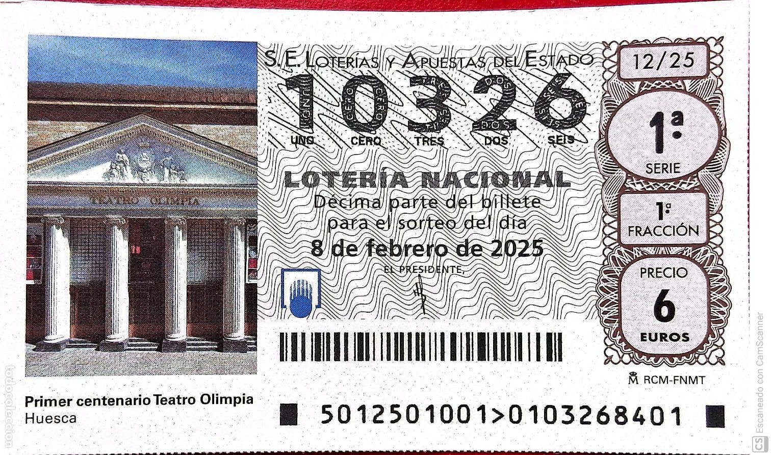 Lotaria Nacional: Espa&ntilde;a. Loter&iacute;a. 2025. Sorteo: 12 Primer Centenario Teatro Olimpia, Huesca. Fecha: 8 febrero.