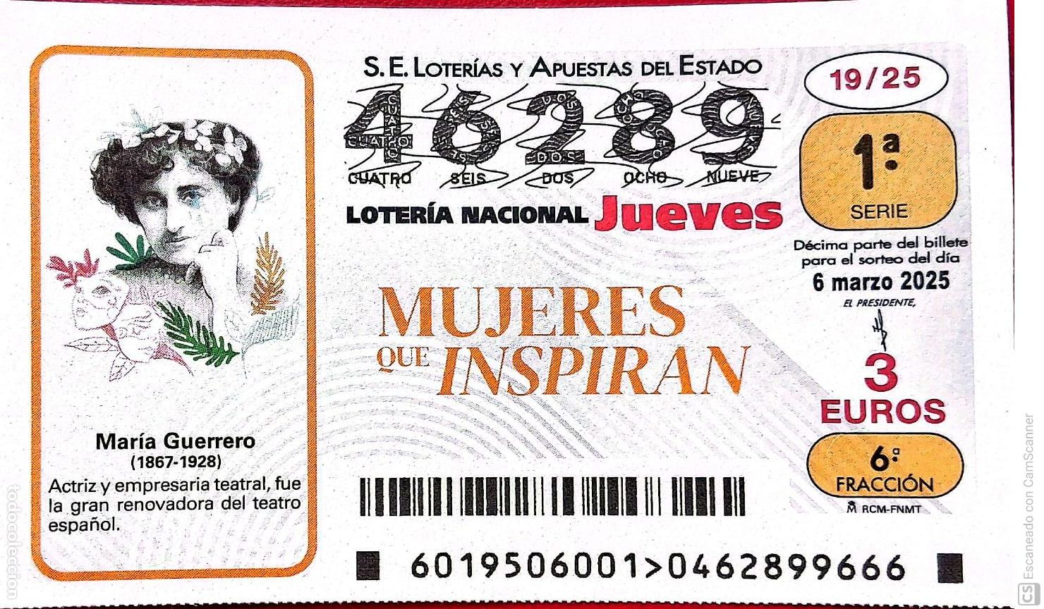 Lotaria Nacional: Espa&ntilde;a. Loter&iacute;a. 2025. Sorteo: 19 Mujeres que Inspiran: Mar&iacute;a Guerrero. Fecha: 6 marzo.