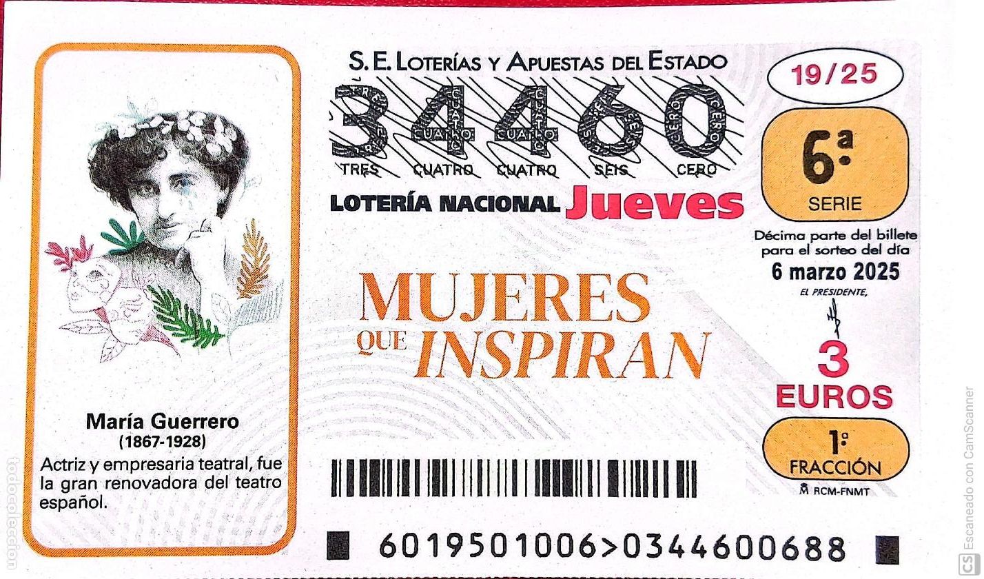 Lotaria Nacional: Espa&ntilde;a. Loter&iacute;a. 2025. Sorteo: 19 Mujeres que Inspiran: Mar&iacute;a Guerrero. Fecha: 6 marzo.