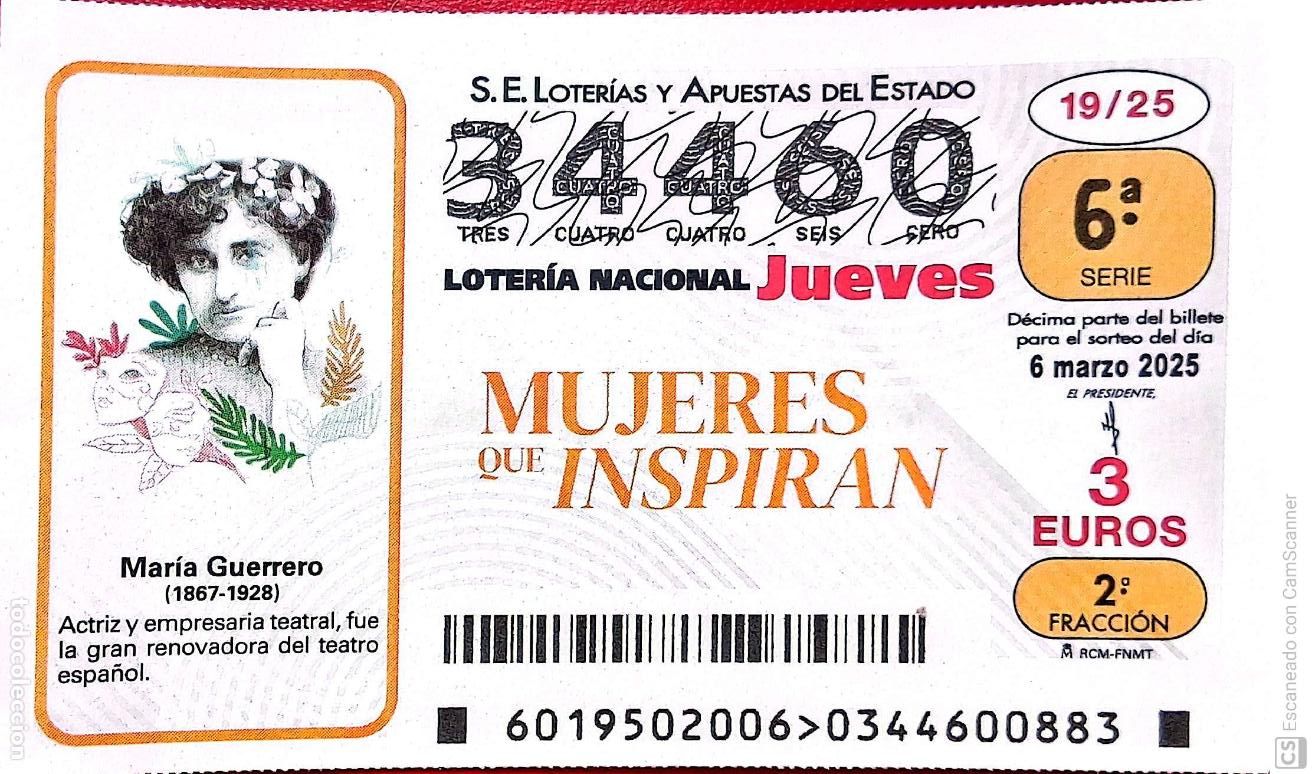 Lotaria Nacional: Espa&ntilde;a. Loter&iacute;a. 2025. Sorteo: 19 Mujeres que Inspiran: Mar&iacute;a Guerrero. Fecha: 6 marzo.