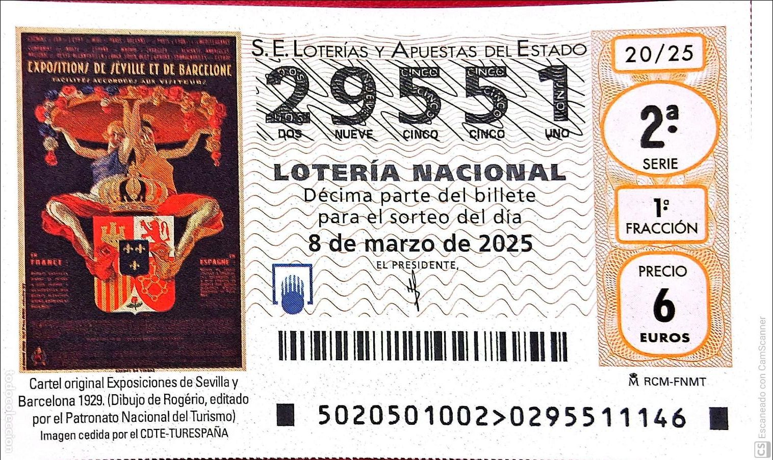 Lotaria Nacional: Espa&ntilde;a. Loter&iacute;a. 2025. Sorteo: 20 Cartel original Exposiciones de Sevilla y Barcelona 1929. Fecha:
