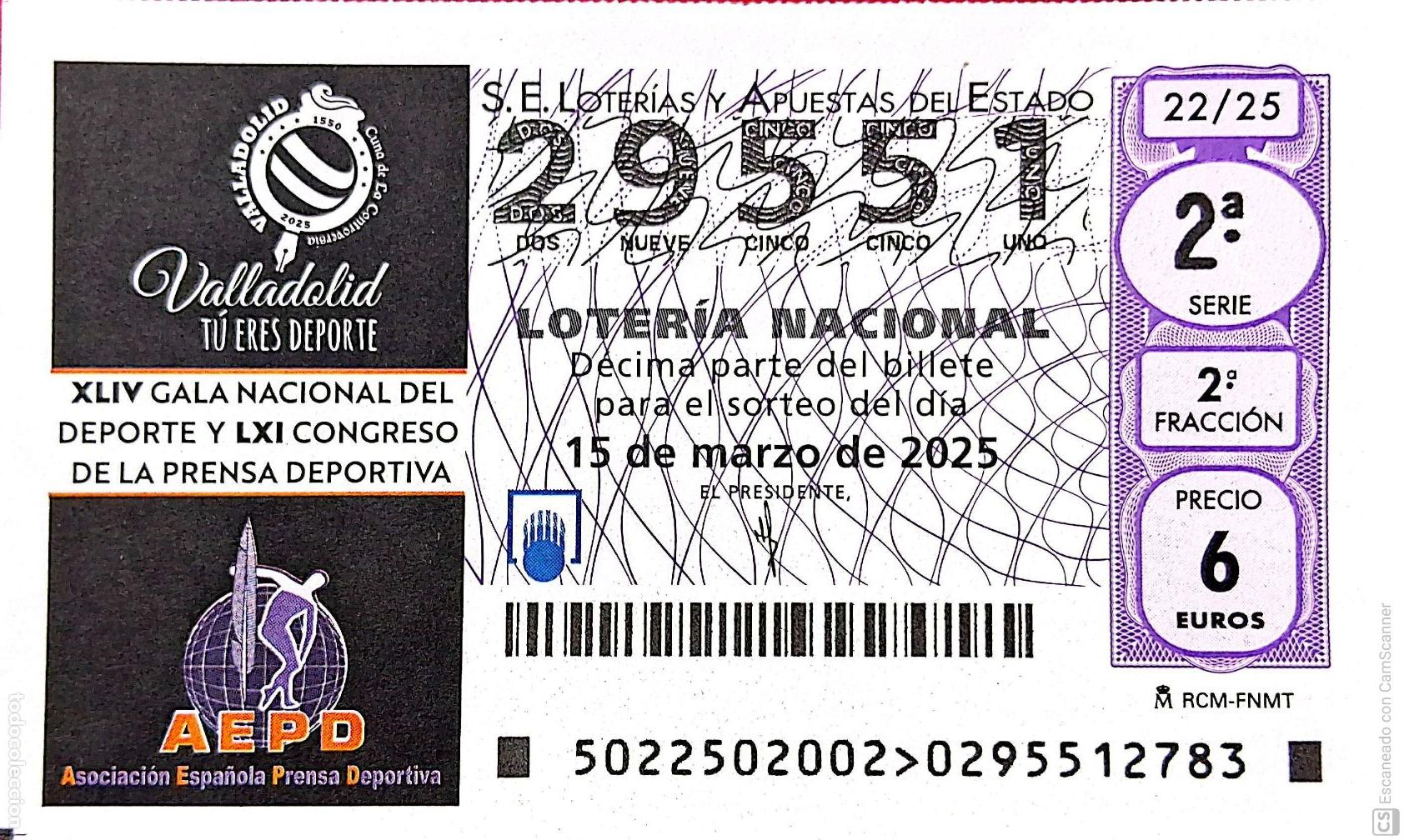 Lotaria Nacional: Espa&ntilde;a. Loter&iacute;a. 2025. Sorteo: 22 Valladolid: Gala Nacional del Deporte y Congreso de la Prensa Dep
