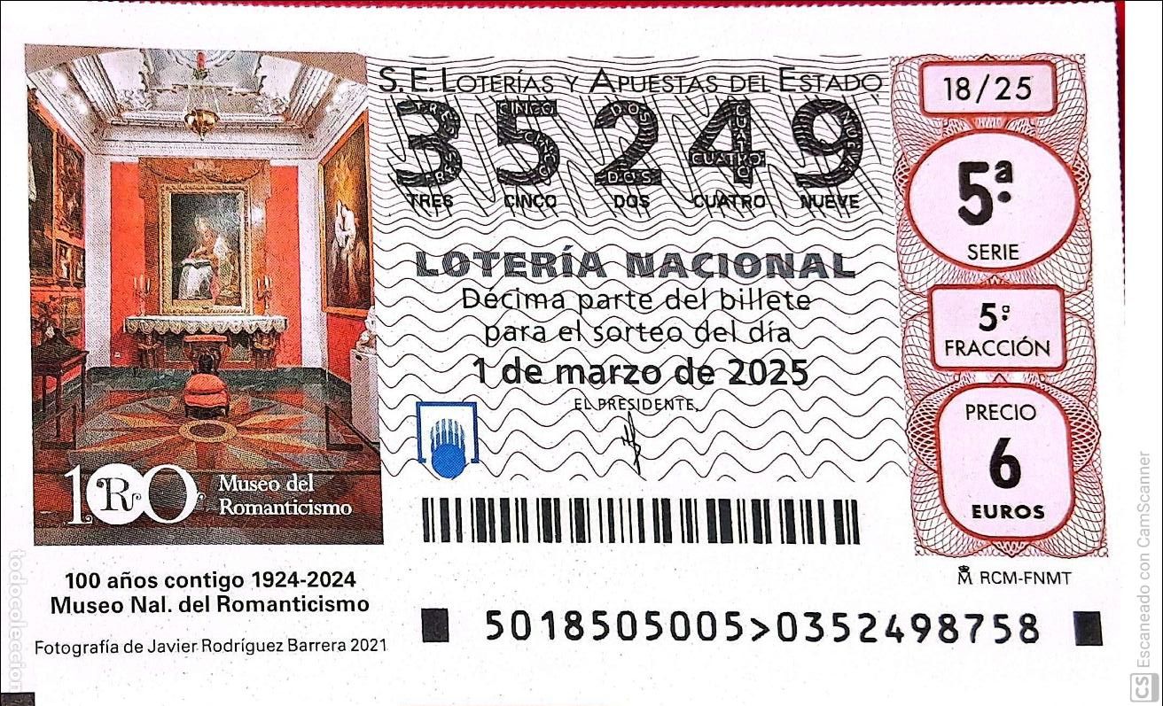 Nationale spanische Lotterie: Espa&ntilde;a. Loter&iacute;a. 2025. Sorteo: 18 Museo Nal. del Romanticismo. 100 A&ntilde;os. Fecha: 1 marzo.