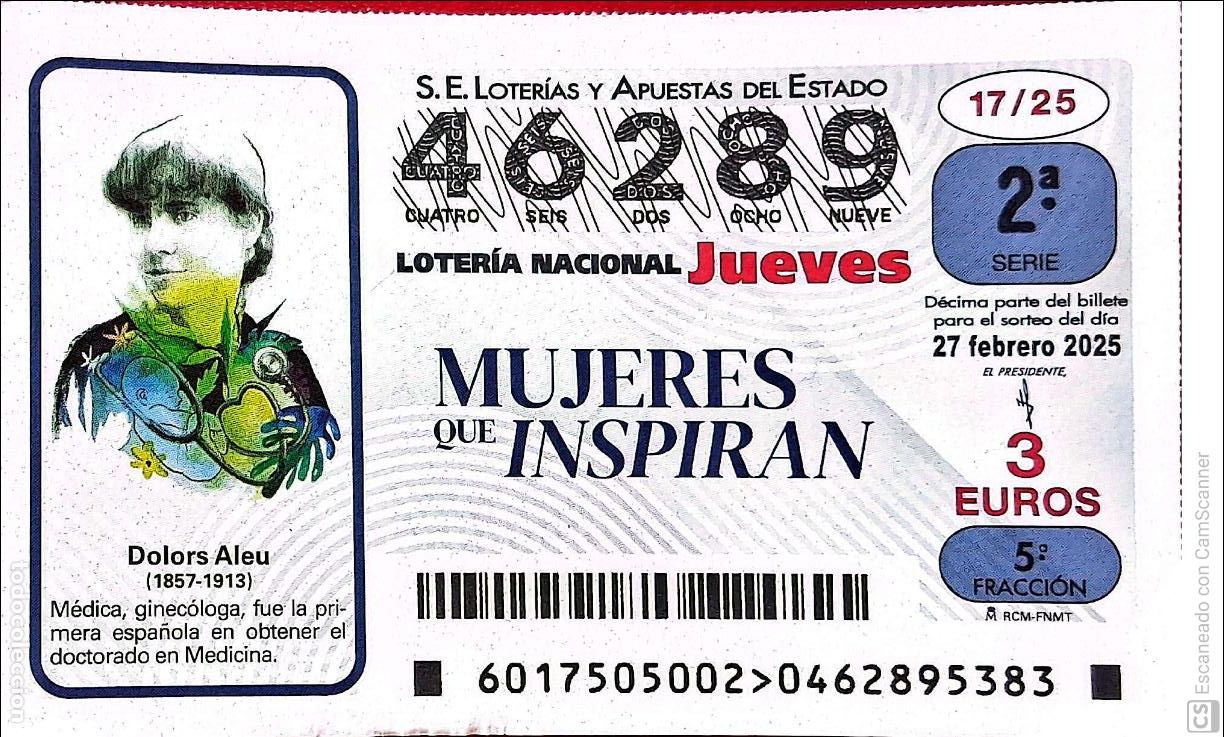 Nationale spanische Lotterie: Espa&ntilde;a. Loter&iacute;a. 2025. Sorteo: 17 Mujeres que Inspiran: Dolors Aleu. Fecha: 27 febrero