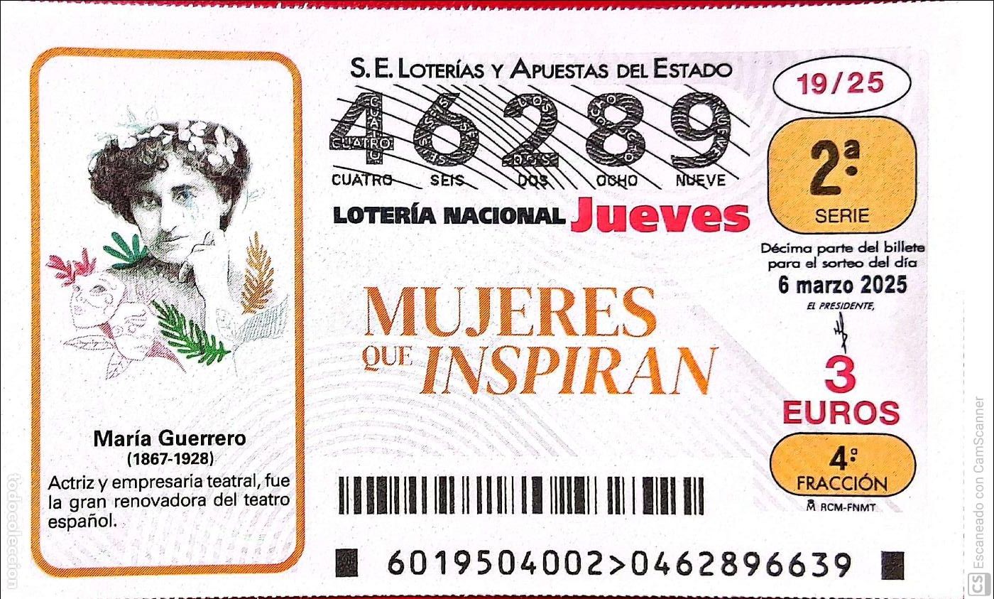 Nationale spanische Lotterie: Espa&ntilde;a. Loter&iacute;a. 2025. Sorteo: 19 Mujeres que Inspiran: Mar&iacute;a Guerrero. Fecha: 6 marzo.