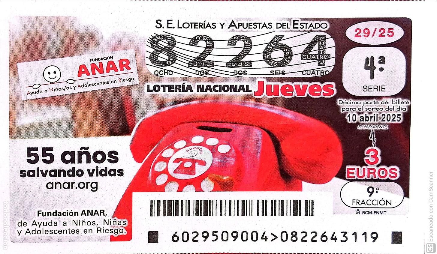 Nationale spanische Lotterie: Espa&ntilde;a. Loter&iacute;a. 2025. Sorteo: 29 Fundaci&oacute;n ANAR, 50 a&ntilde;os salvando vidas. Fecha: 10 abril.