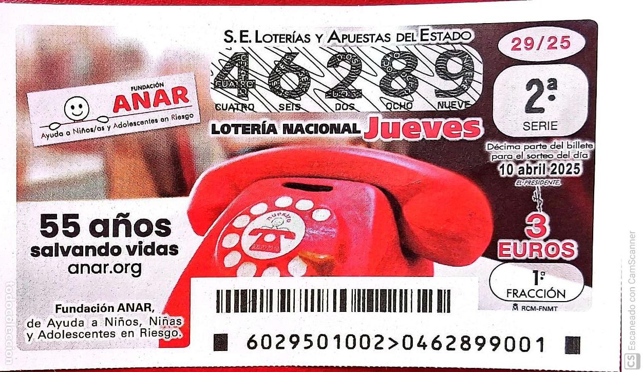 Nationale spanische Lotterie: Espa&ntilde;a. Loter&iacute;a. 2025. Sorteo: 29 Fundaci&oacute;n ANAR, 50 a&ntilde;os salvando vidas. Fecha: 10 abril.