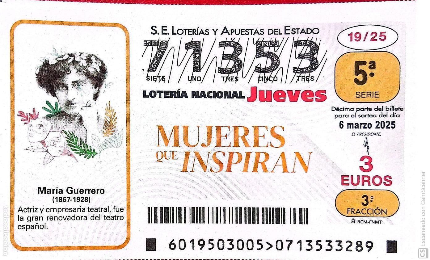 Nationale spanische Lotterie: Espa&ntilde;a. Loter&iacute;a. 2025. Sorteo: 19 Mujeres que Inspiran: Mar&iacute;a Guerrero. Fecha: 6 marzo.