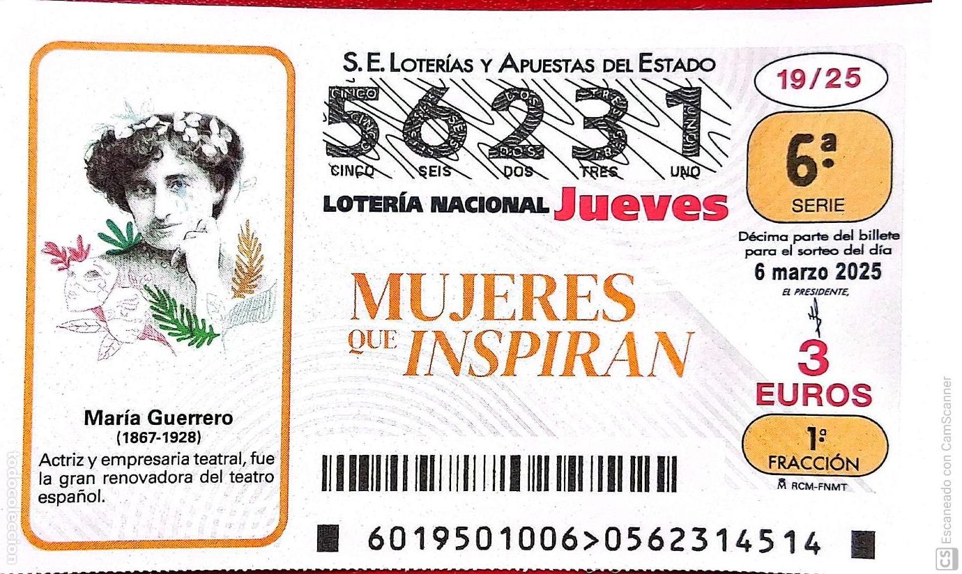 Nationale spanische Lotterie: Espa&ntilde;a. Loter&iacute;a. 2025. Sorteo: 19 Mujeres que Inspiran: Mar&iacute;a Guerrero. Fecha: 6 marzo.