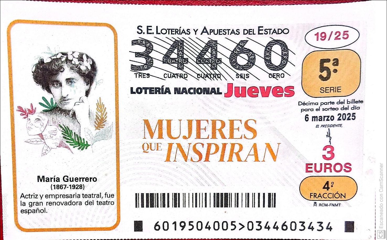 Nationale spanische Lotterie: Espa&ntilde;a. Loter&iacute;a. 2025. Sorteo: 19 Mujeres que Inspiran: Mar&iacute;a Guerrero. Fecha: 6 marzo.