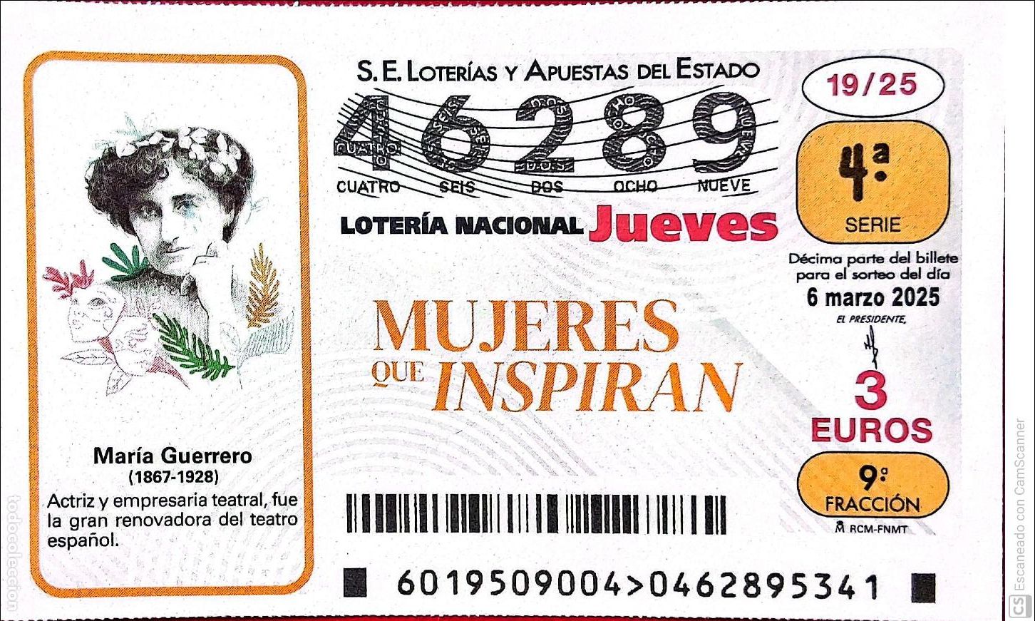 Nationale spanische Lotterie: Espa&ntilde;a. Loter&iacute;a. 2025. Sorteo: 19 Mujeres que Inspiran: Mar&iacute;a Guerrero. Fecha: 6 marzo.