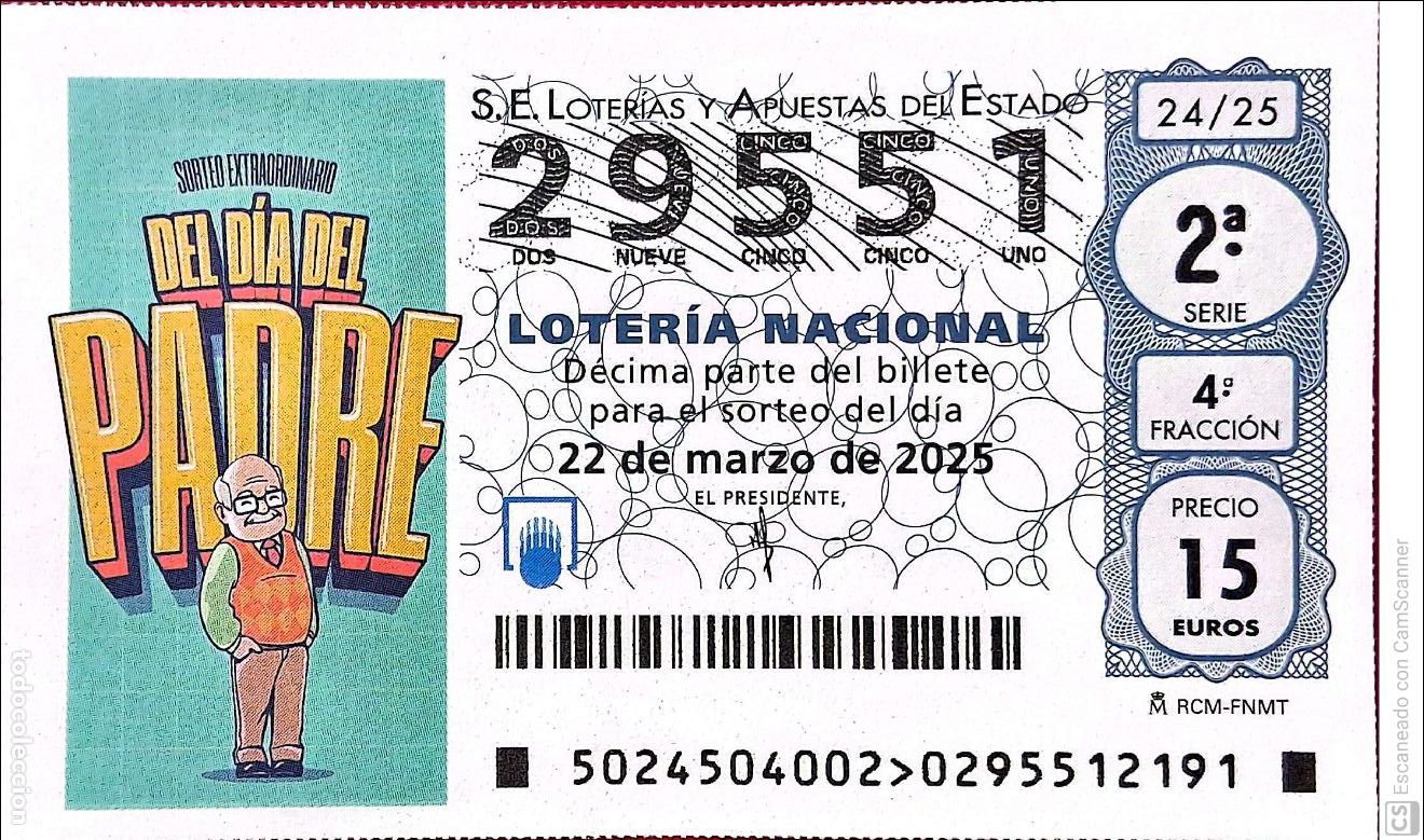 Nationale spanische Lotterie: Espa&ntilde;a. Loter&iacute;a. 2025. Sorteo: 24 Sorteo Extraordinario del D&iacute;a del Padre. Fecha: 22 marzo.
