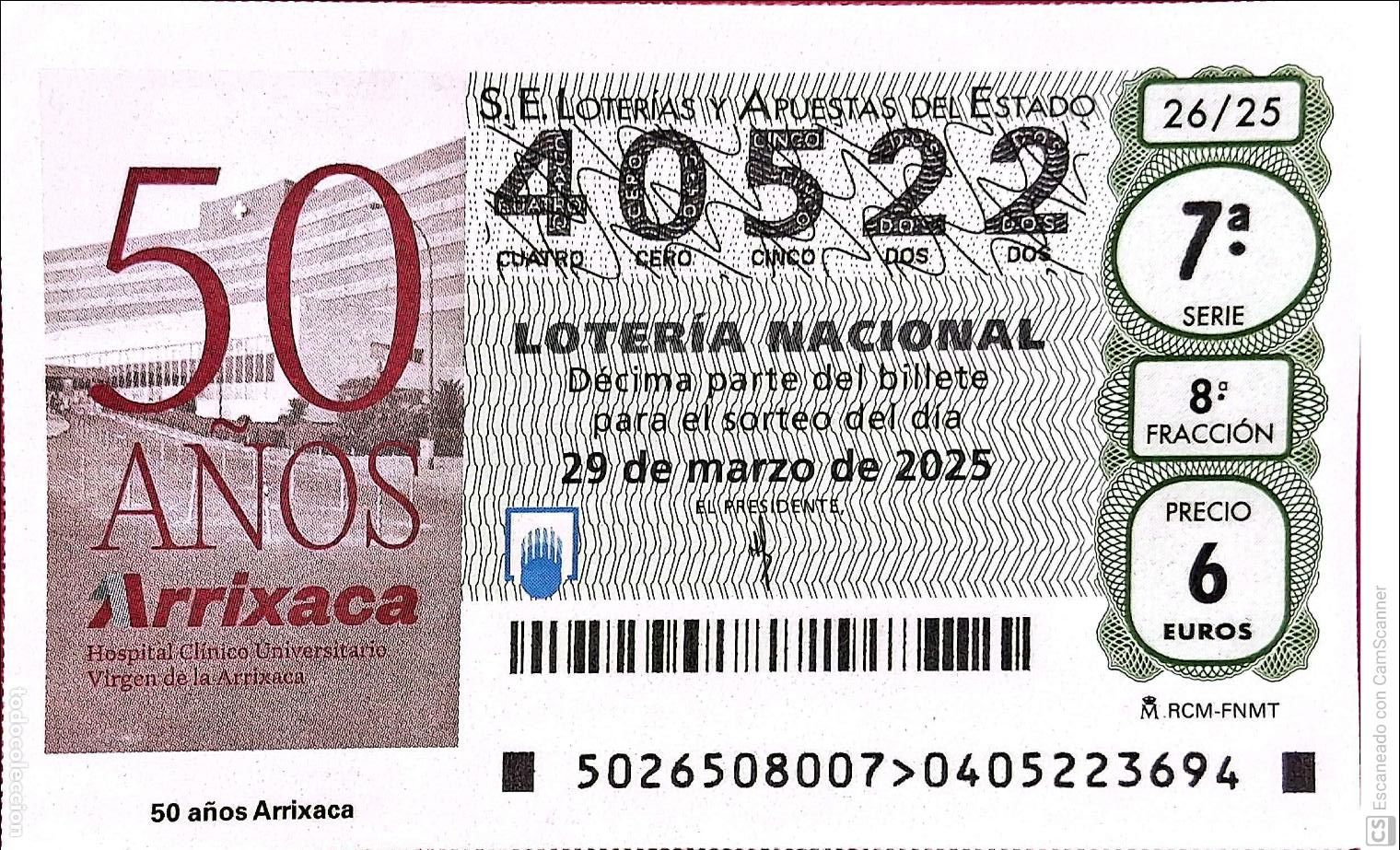 Nationale spanische Lotterie: Espa&ntilde;a. Loter&iacute;a. 2025. Sorteo: 26 50 A&ntilde;os de Arrixaca. Hospital Cl&iacute;nico Universitario. Fecha: 29 ma
