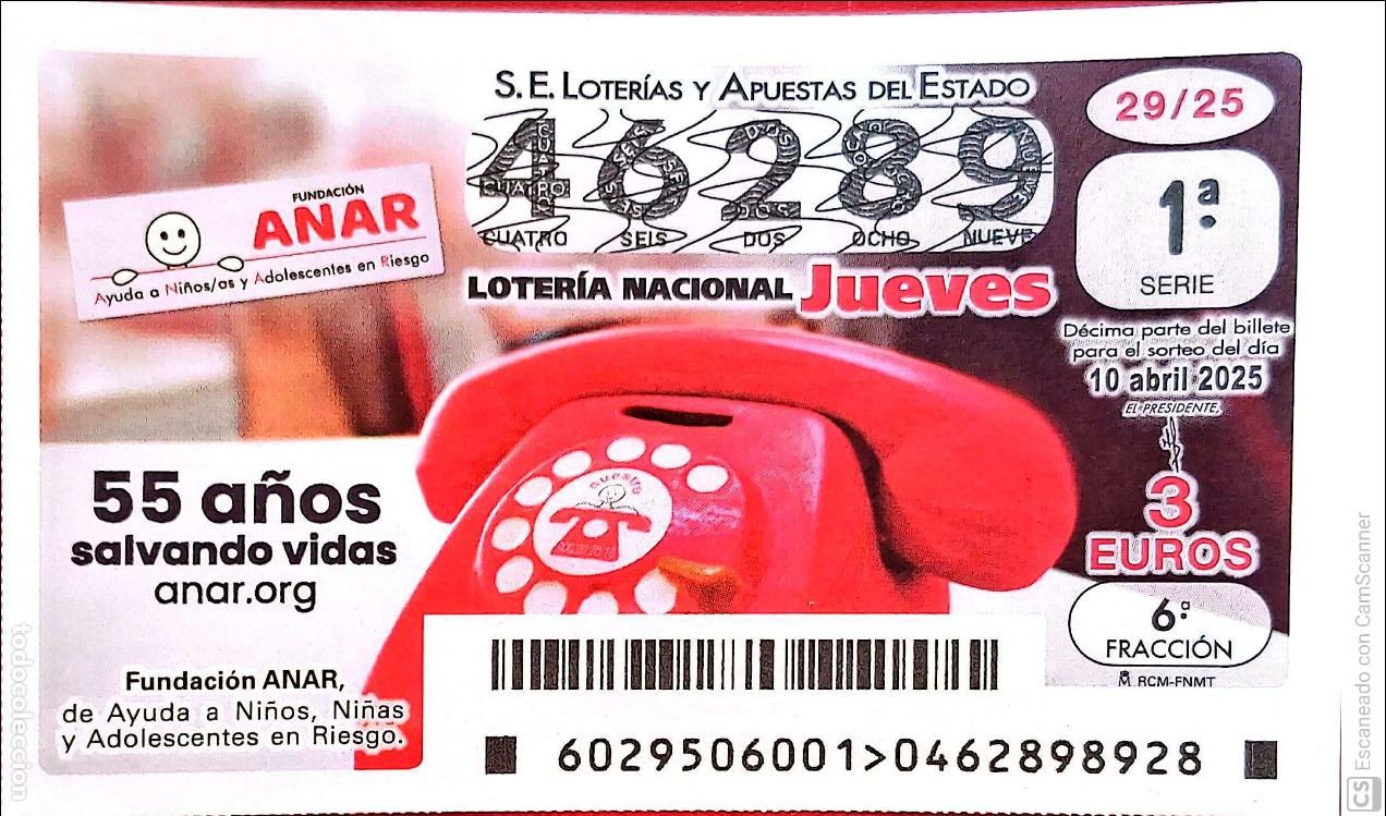 Nationale spanische Lotterie: Espa&ntilde;a. Loter&iacute;a. 2025. Sorteo: 29 Fundaci&oacute;n ANAR, 50 a&ntilde;os salvando vidas. Fecha: 10 abril.