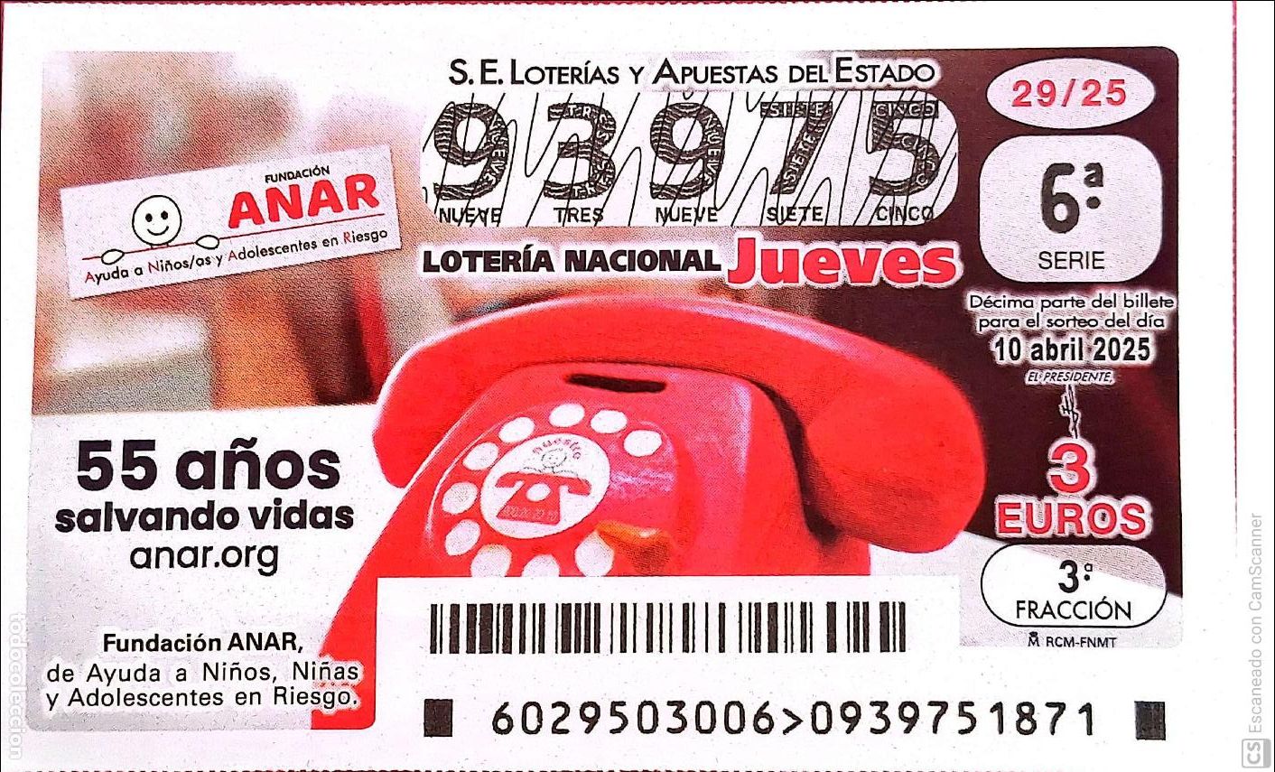 Nationale spanische Lotterie: Espa&ntilde;a. Loter&iacute;a. 2025. Sorteo: 29 Fundaci&oacute;n ANAR, 50 a&ntilde;os salvando vidas. Fecha: 10 abril.