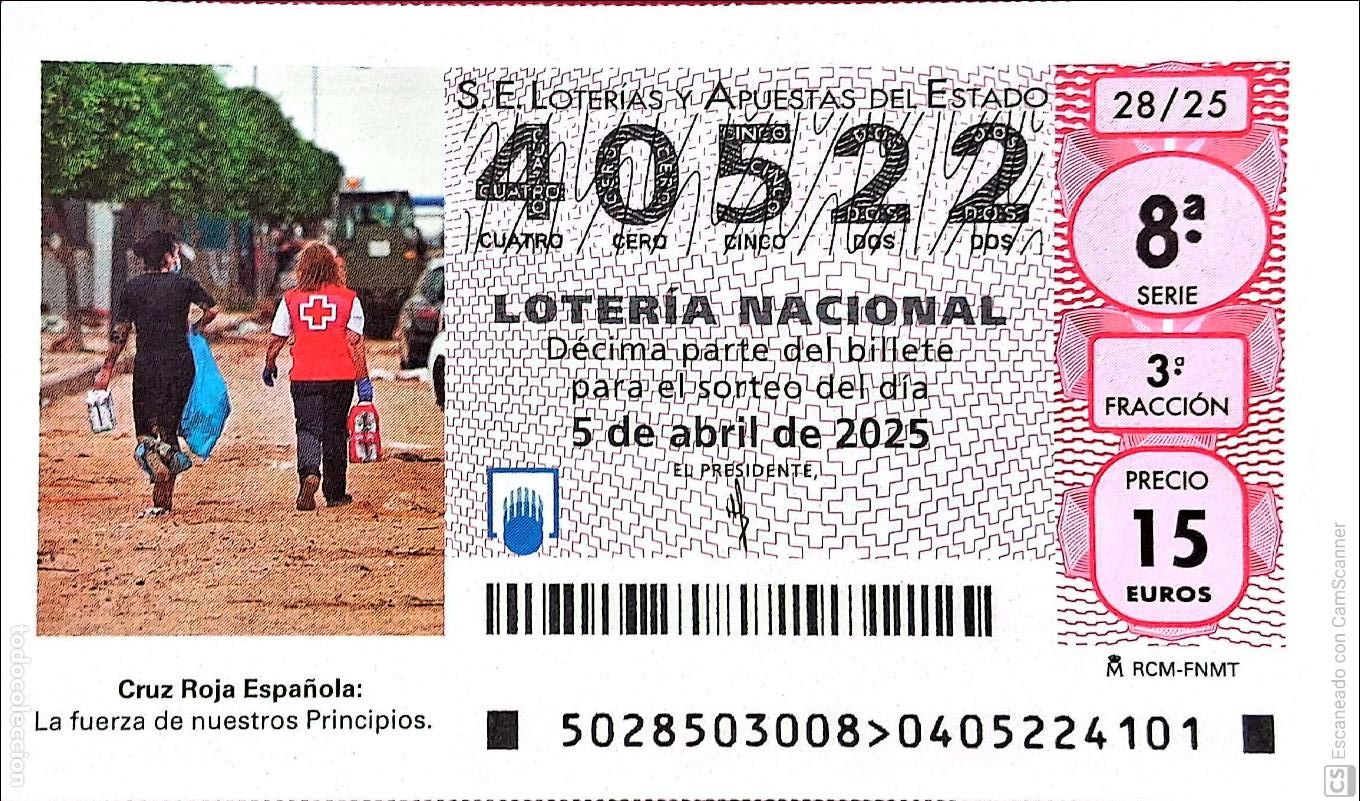 Nationale spanische Lotterie: Espa&ntilde;a. Loter&iacute;a. 2025. Sorteo: 28 Cruz Roja Espa&ntilde;ola. La fuerza de nuestros Principios. Fecha: 5 ab