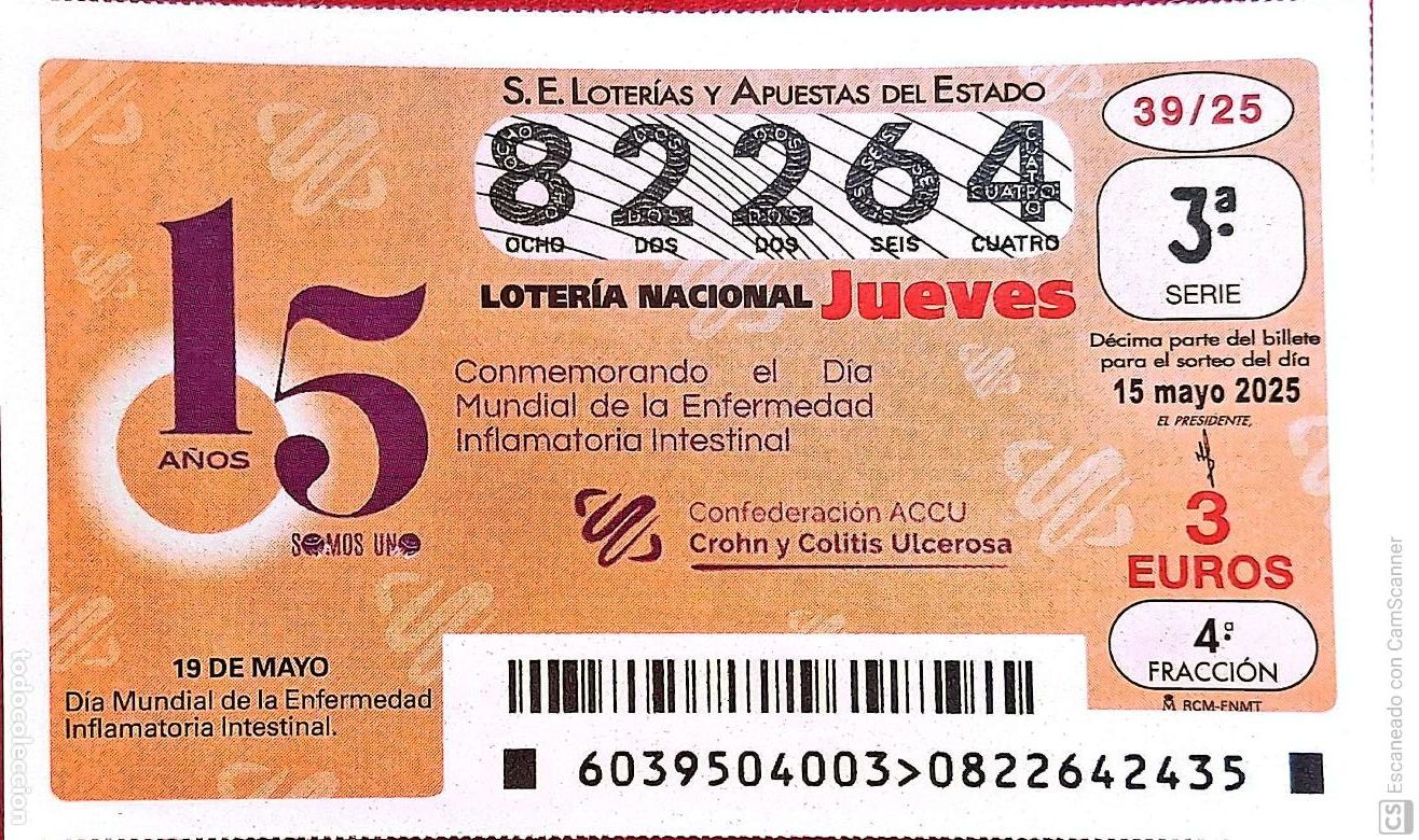 Nationale spanische Lotterie: Espa&ntilde;a. Loter&iacute;a. 2025. Sorteo: 39 D&iacute;a Mundial de la Enfermedad Inflamatoria Intestinal. Fecha: 15 m