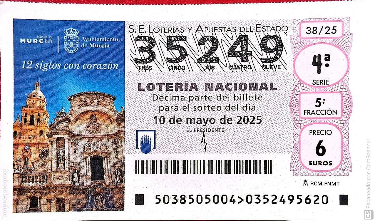 Nationale spanische Lotterie: Espa&ntilde;a. Loter&iacute;a. 2025. Sorteo: 38 Murcia. 12 Siglos con coraz&oacute;n. Fecha: 10 mayo