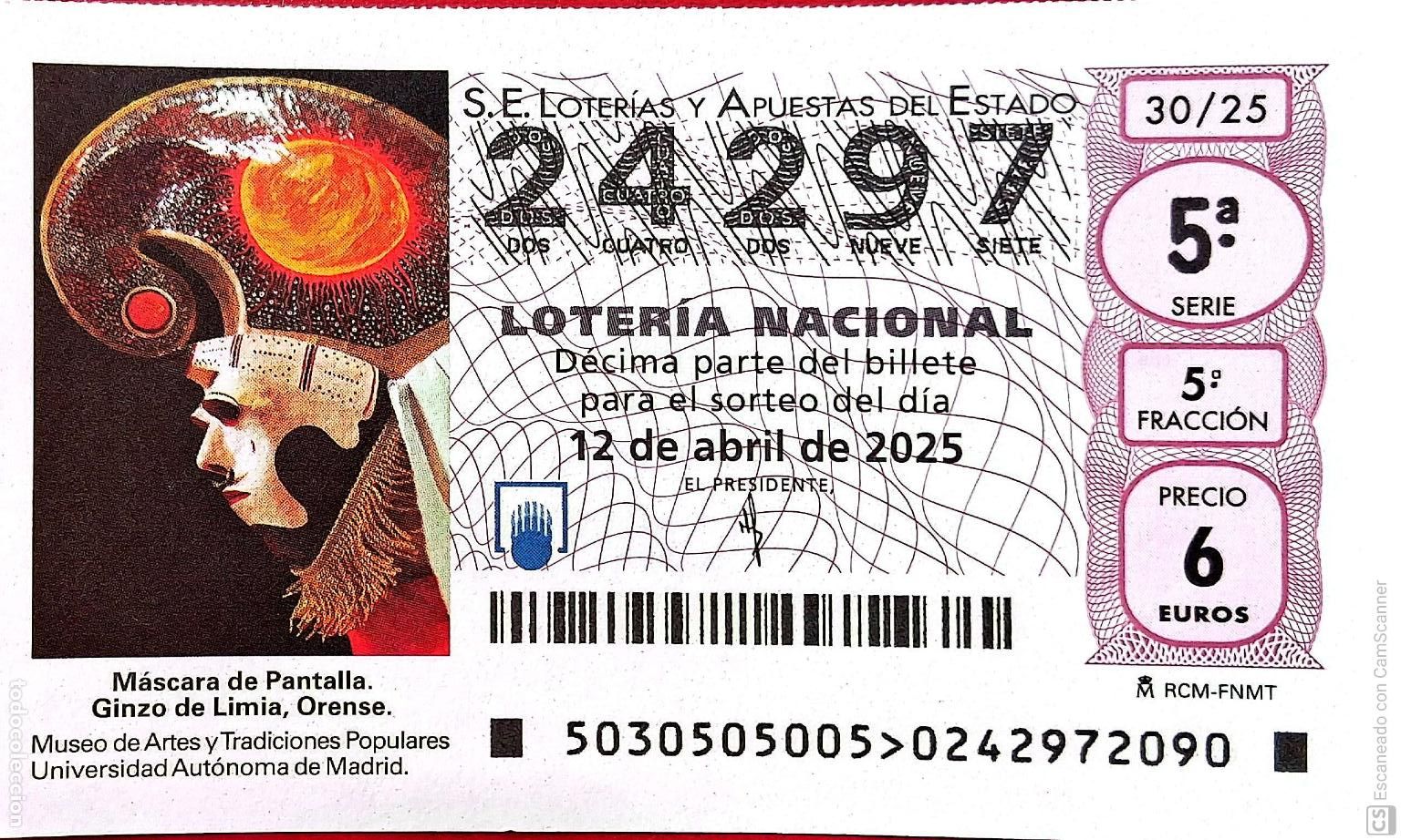 Nationale spanische Lotterie: Espa&ntilde;a. Loter&iacute;a. 2025. Sorteo: 30 M&aacute;scara de Pantalla. Ginzo de Limia, Orense. Museo de Artes y Tra
