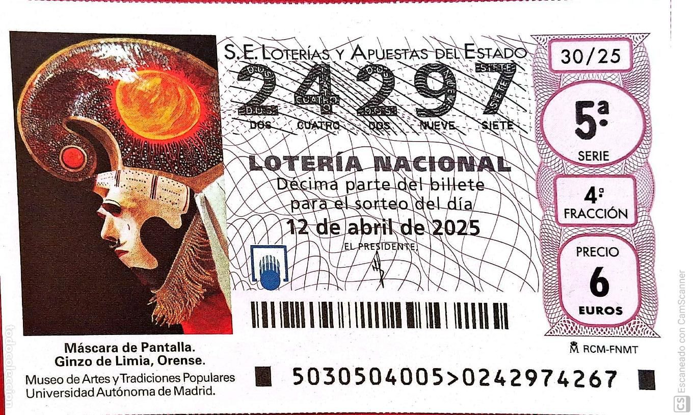 Nationale spanische Lotterie: Espa&ntilde;a. Loter&iacute;a. 2025. Sorteo: 30 M&aacute;scara de Pantalla. Ginzo de Limia, Orense. Museo de Artes y Tra