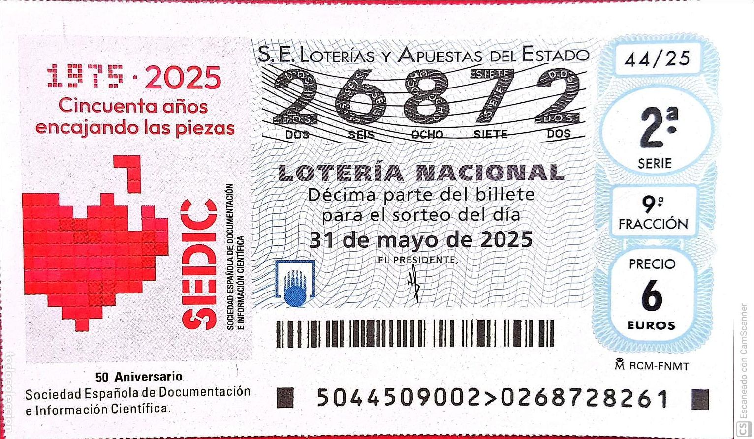 Nationale spanische Lotterie: Espa&ntilde;a. Loter&iacute;a. 2025. Sorteo: 44 Aniversario Sociedad Espa&ntilde;ola de Documentaci&oacute;n e Informaci&oacute;n Cien