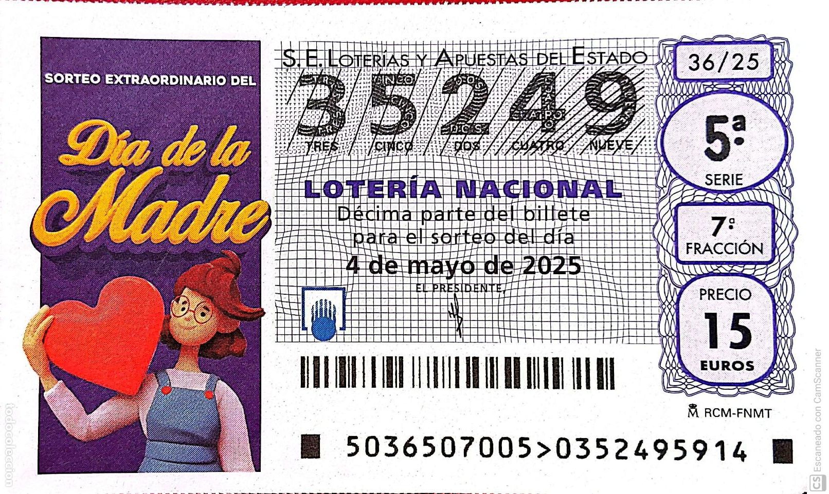 Nationale spanische Lotterie: Espa&ntilde;a. Loter&iacute;a. 2025. Sorteo: 36 Sorteo Extraordinario D&iacute;a de la Madre. Fecha: 4 mayo.