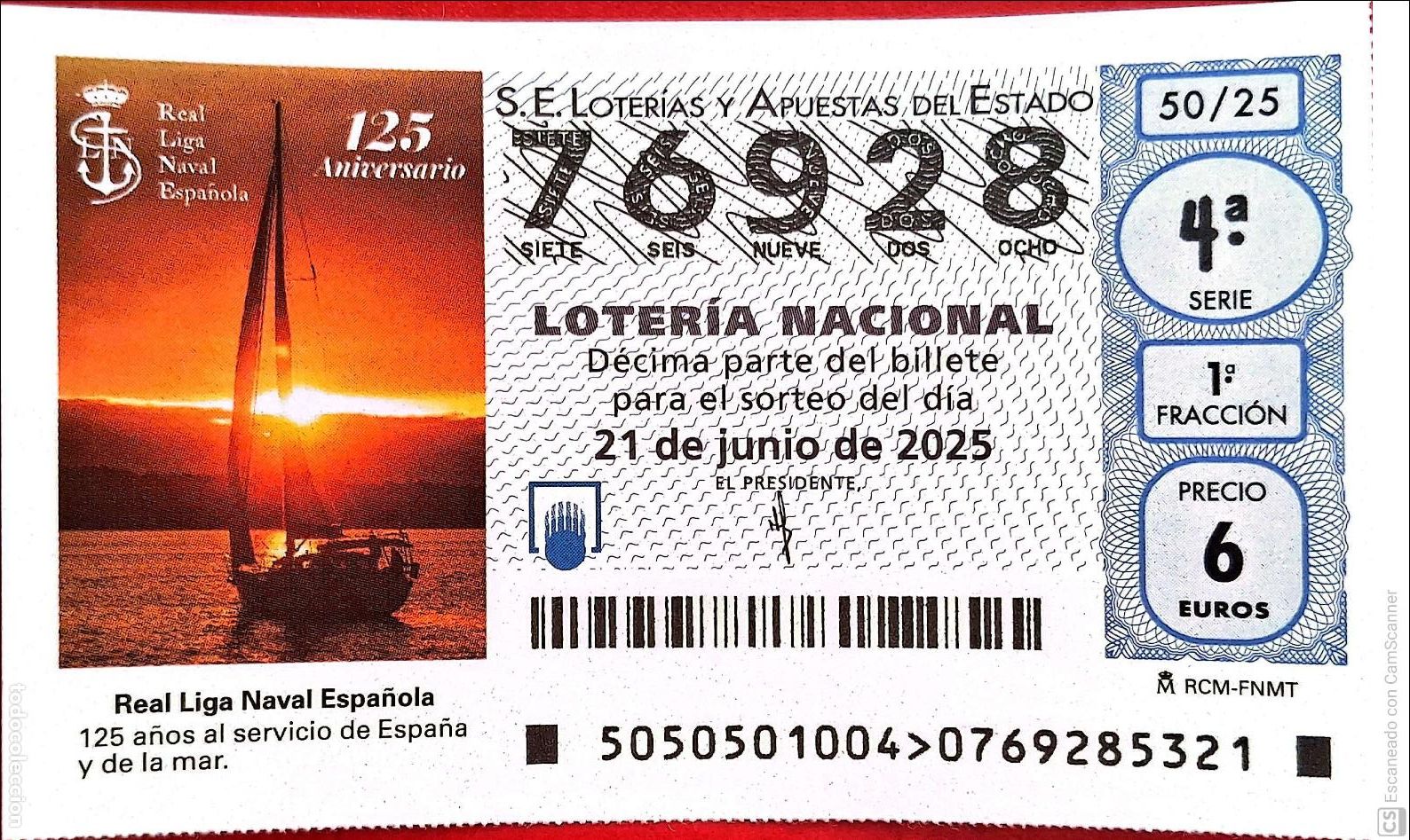 Nationale spanische Lotterie: Espa&ntilde;a. Loter&iacute;a. 2025. Sorteo: 50 Real Liga Naval Espa&ntilde;ola. Fecha: 21 junio