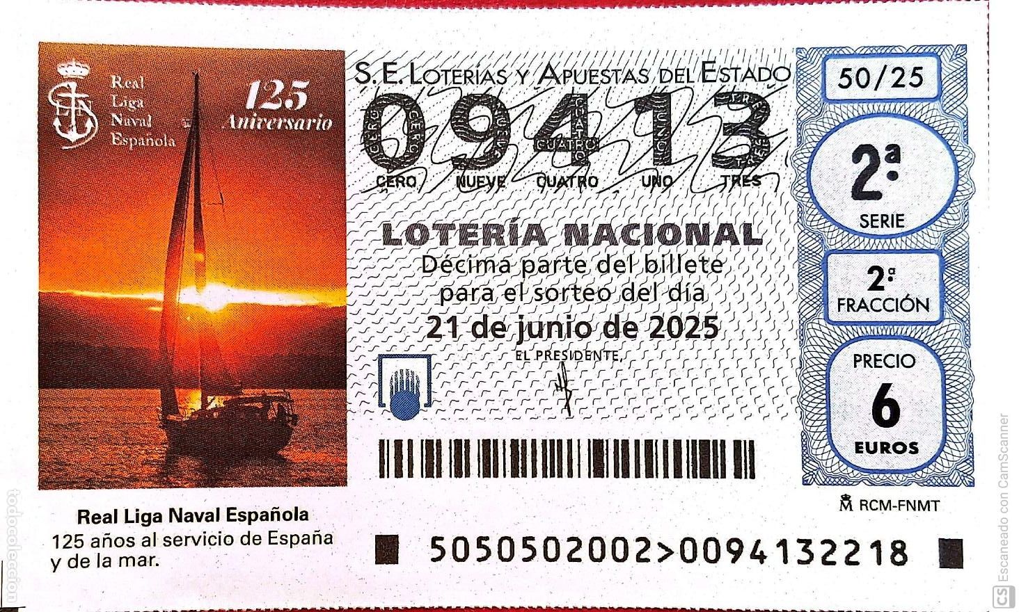 Nationale spanische Lotterie: Espa&ntilde;a. Loter&iacute;a. 2025. Sorteo: 50 Real Liga Naval Espa&ntilde;ola. Fecha: 21 junio