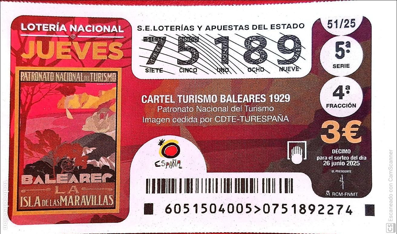 Nationale spanische Lotterie: Espa&ntilde;a. Loter&iacute;a. 2025. Sorteo: 51 Cartel Turismo Baleares 1929. Fecha: 26 junio