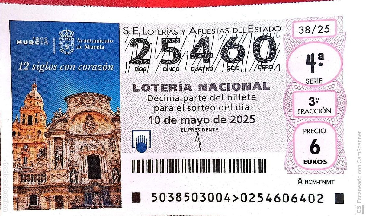 Nationale spanische Lotterie: Espa&ntilde;a. Loter&iacute;a. 2025. Sorteo: 38 Murcia. 12 Siglos con coraz&oacute;n. Fecha: 10 mayo