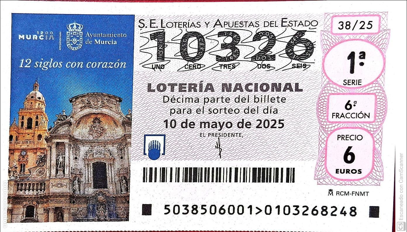 Nationale spanische Lotterie: Espa&ntilde;a. Loter&iacute;a. 2025. Sorteo: 38 Murcia. 12 Siglos con coraz&oacute;n. Fecha: 10 mayo