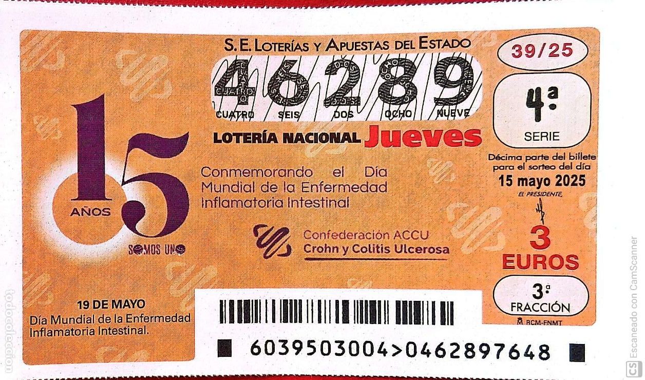 Nationale spanische Lotterie: Espa&ntilde;a. Loter&iacute;a. 2025. Sorteo: 39 D&iacute;a Mundial de la Enfermedad Inflamatoria Intestinal. Fecha: 15 m