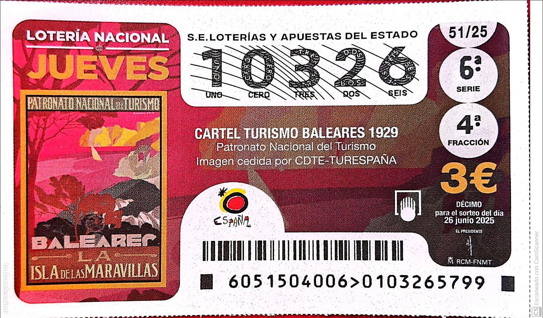 Nationale spanische Lotterie: Espa&ntilde;a. Loter&iacute;a. 2025. Sorteo: 51 Cartel Turismo Baleares 1929. Fecha: 26 junio