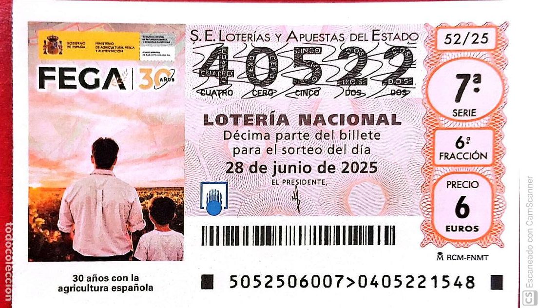 Nationale spanische Lotterie: Espa&ntilde;a. Loter&iacute;a. 2025. Sorteo: 52 30 A&ntilde;os con la agricultura espa&ntilde;ola: FEGA. Fecha: 28 junio