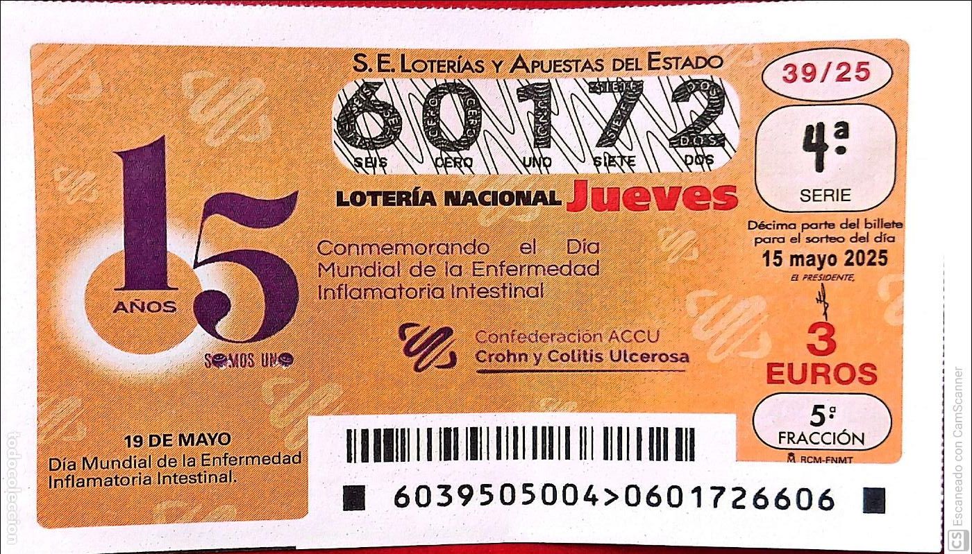 Nationale spanische Lotterie: Espa&ntilde;a. Loter&iacute;a. 2025. Sorteo: 39 D&iacute;a Mundial de la Enfermedad Inflamatoria Intestinal. Fecha: 15 m