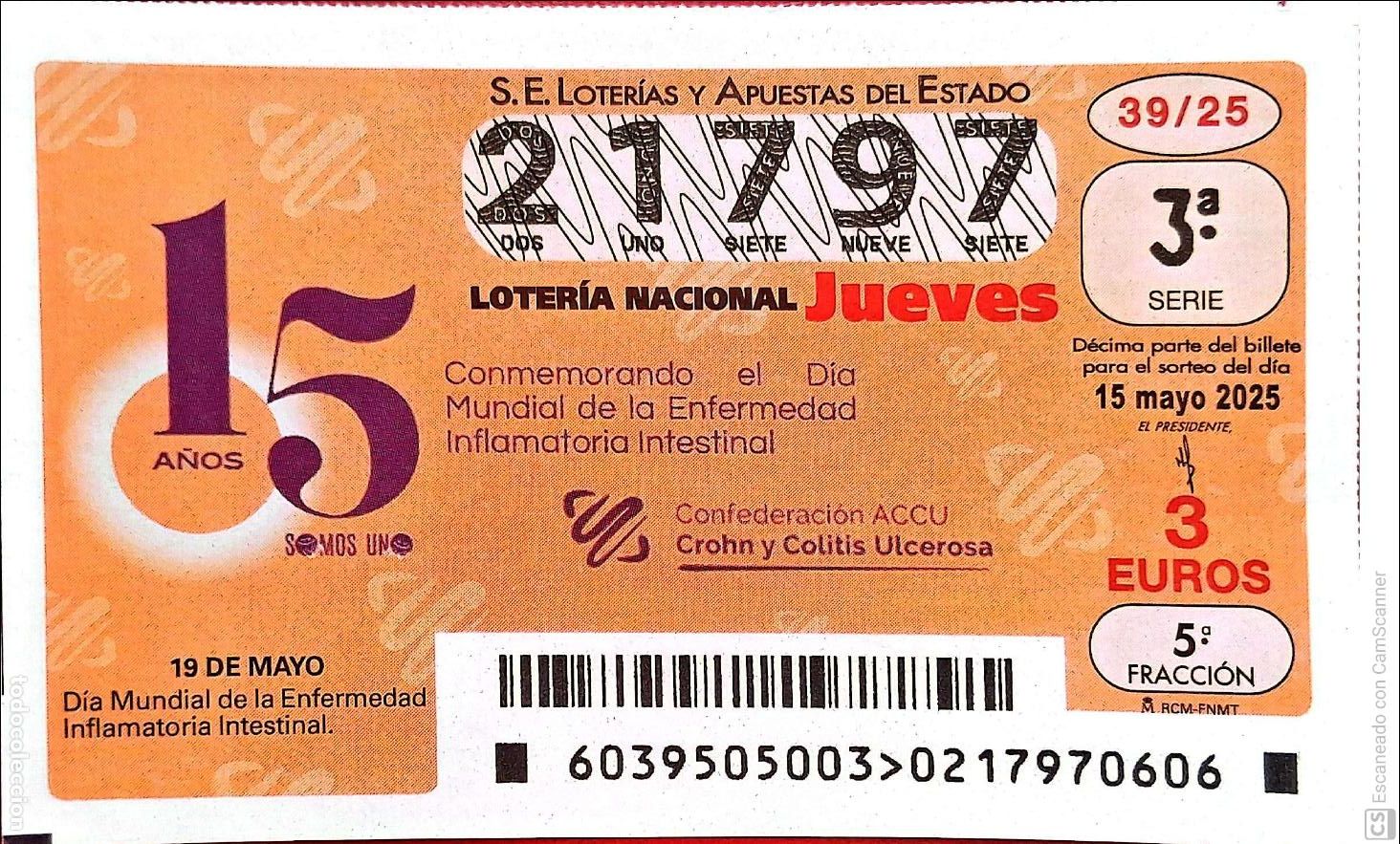 Nationale spanische Lotterie: Espa&ntilde;a. Loter&iacute;a. 2025. Sorteo: 39 D&iacute;a Mundial de la Enfermedad Inflamatoria Intestinal. Fecha: 15 m