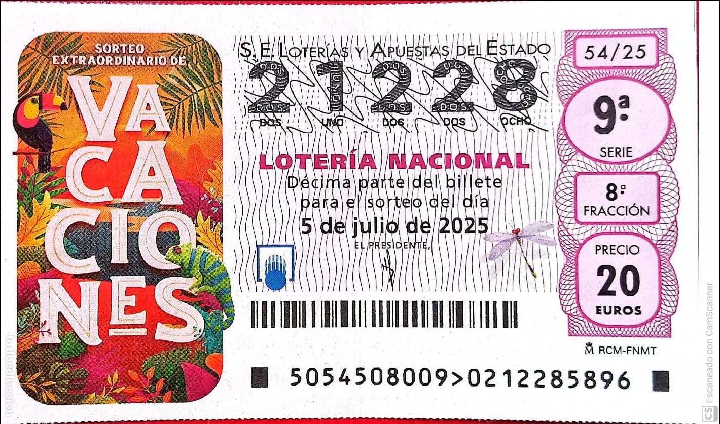 Nationale spanische Lotterie: Espa&ntilde;a. Loter&iacute;a. 2025. Sorteo: 54 Sorteo Extraordinario de Vacaciones. Fecha: 5 julio