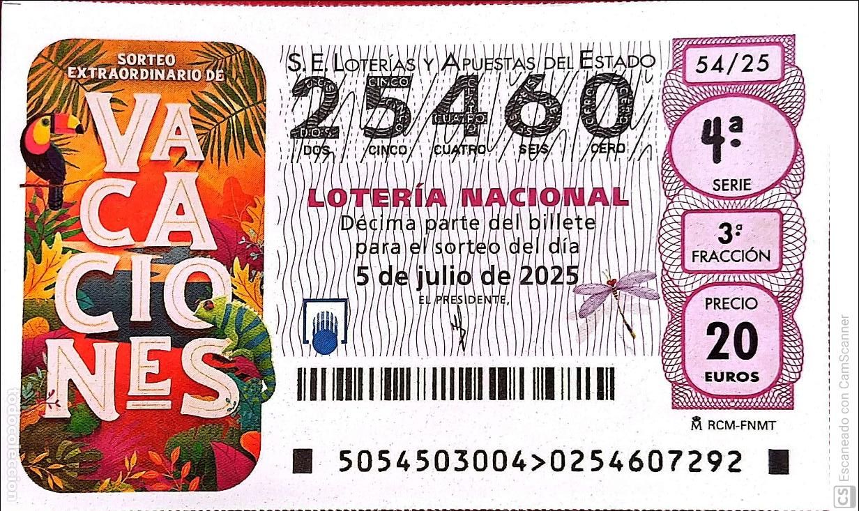 Nationale spanische Lotterie: Espa&ntilde;a. Loter&iacute;a. 2025. Sorteo: 54 Sorteo Extraordinario de Vacaciones. Fecha: 5 julio