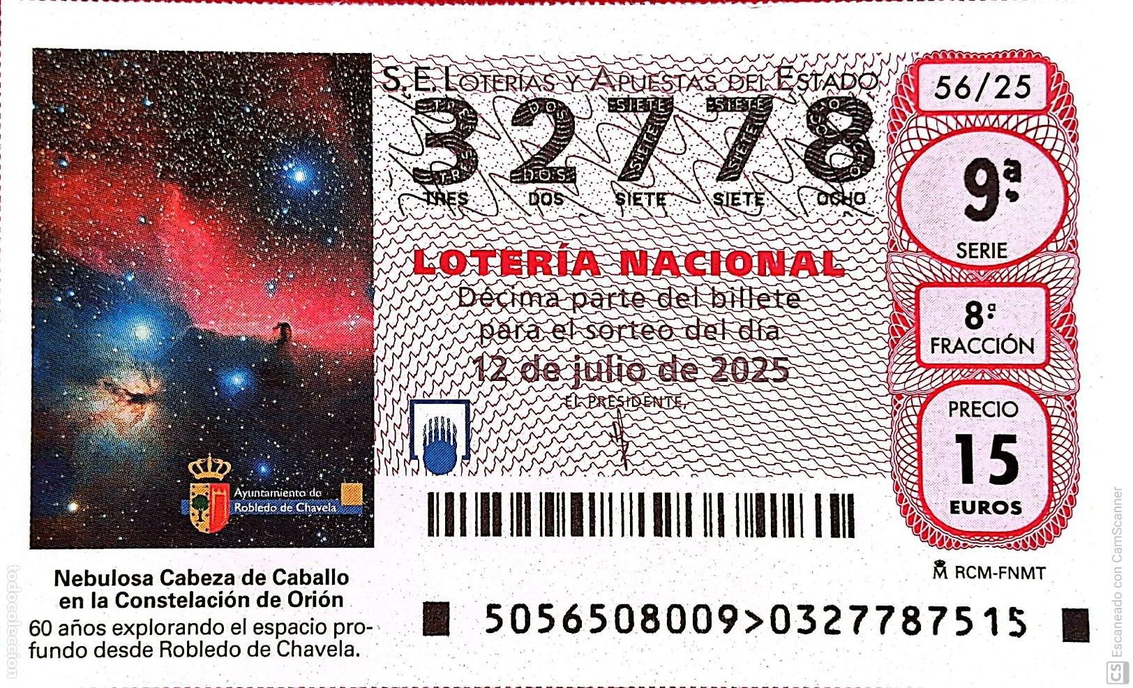 Nationale spanische Lotterie: Espa&ntilde;a. Loter&iacute;a. 2025. Sorteo: 56 Nebulosa Cabeza de Caballo en la Constelaci&oacute;n de Ori&oacute;n. Observato