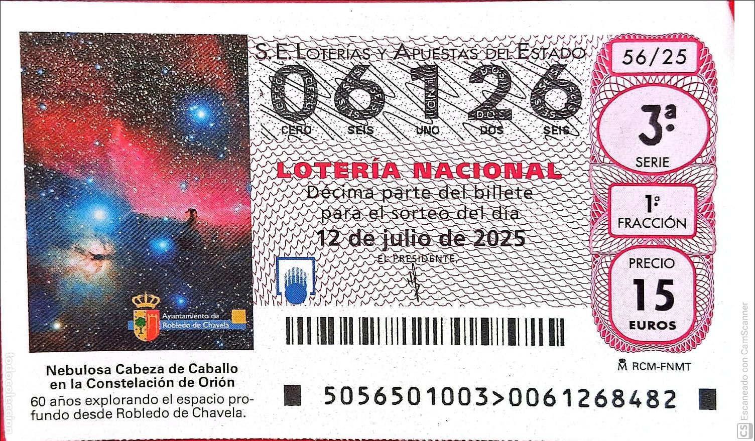 Nationale spanische Lotterie: Espa&ntilde;a. Loter&iacute;a. 2025. Sorteo: 56 Nebulosa Cabeza de Caballo en la Constelaci&oacute;n de Ori&oacute;n. Observato