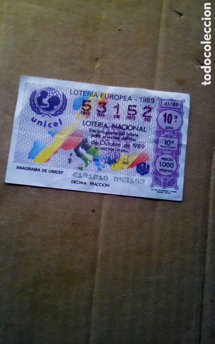 Nationale spanische Lotterie: D&eacute;cimo loter&iacute;a Europea. UNICEF. 53152. A&ntilde;o 1989. Administraci&oacute;n El Molino de la Suerte, Albacete.