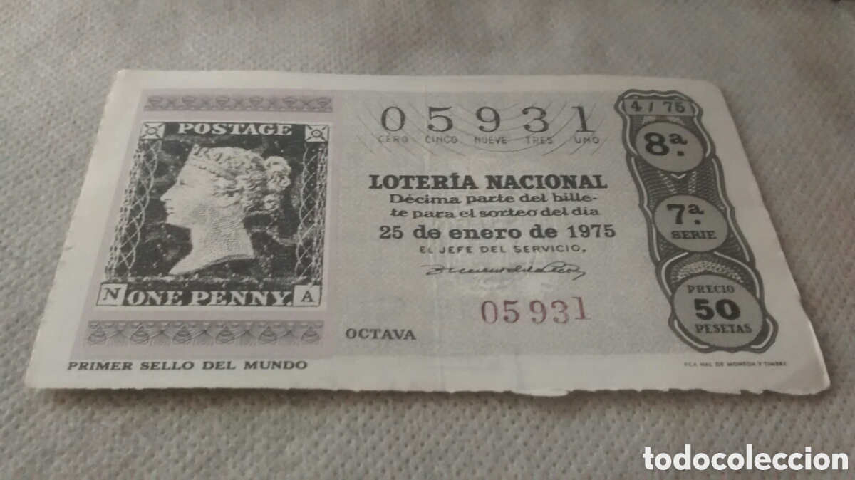 Nationale spanische Lotterie: DECIMO DE LA LOTERIA NACIONAL. SORTEO 25 DE ENERO 1975 4/75 PRIMER SELLO DEL MUNDO