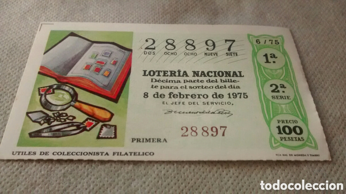 Nationale spanische Lotterie: DECIMO DE LA LOTERIA NACIONAL. SORTEO 8 FEBRERO 1975 6/75 UTILES DE COLECCIONISTA FILATELICO