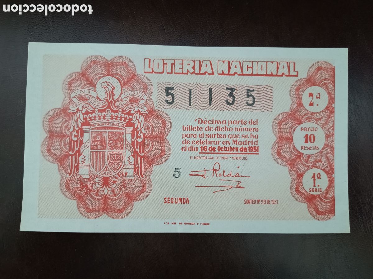 National Spanish Lottery: LOTERIA NACIONAL N&ordm; 51135 - 16 DE OCTUBRE DE 1951 - SORTEO N&ordm; 29