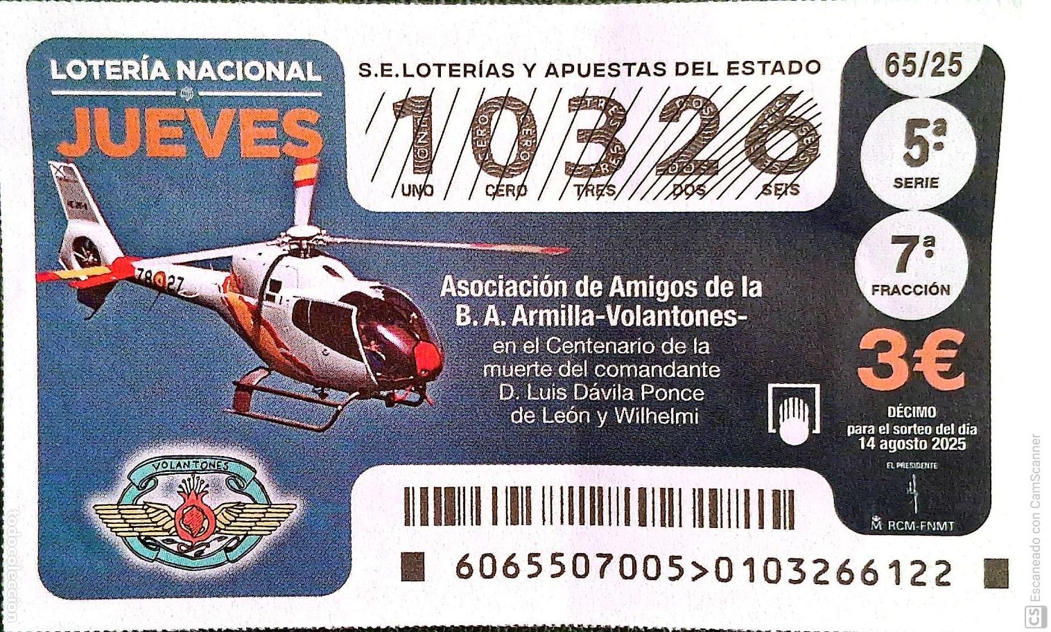 National Spanish Lottery: Espa&ntilde;a. Loter&iacute;a. 2025. Sorteo: 65 Asociaci&oacute;n de Amigos de la B.A. Armilla-Volantones. Centenario m