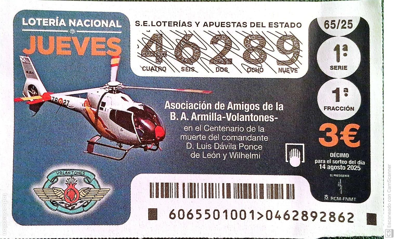 National Spanish Lottery: Espa&ntilde;a. Loter&iacute;a. 2025. Sorteo: 65 Asociaci&oacute;n de Amigos de la B.A. Armilla-Volantones. Centenario m