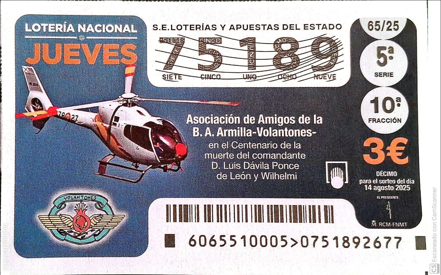 National Spanish Lottery: Espa&ntilde;a. Loter&iacute;a. 2025. Sorteo: 65 Asociaci&oacute;n de Amigos de la B.A. Armilla-Volantones. Centenario m