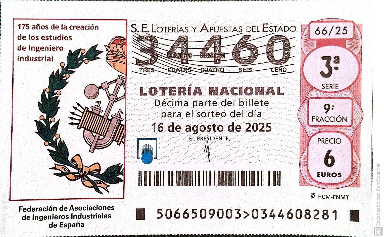 National Spanish Lottery: Espa&ntilde;a. Loter&iacute;a. 2025. Sorteo: 66 Federaci&oacute;n de Asociaciones de Ingenieros Industriales de Espa&ntilde;a.