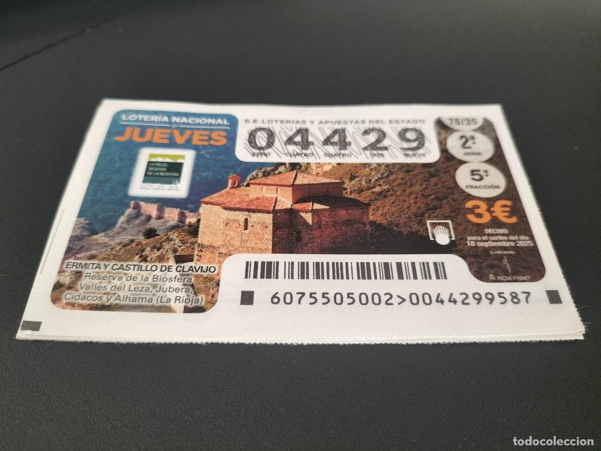 Loterie Nationale: 1 DECIMO LOTERIA NACIONAL JUEVES 18 SEPTIEMBRE 2025 75/25 ERMITA Y CASTILLO CLAVIJO ( LA RIOJA