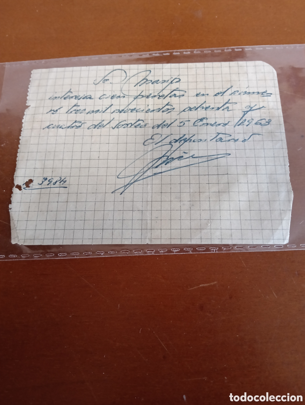 National Spanish Lottery: Vale o participacion manual de un n&uacute;mero de loter&iacute;a del 5 de Enero de 1963, firmada SR. MASIP